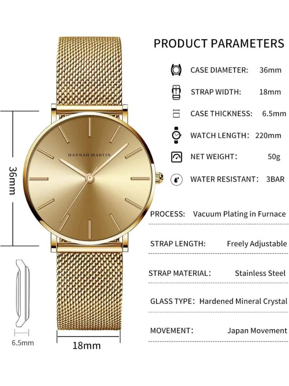 Women's Gold Analog Stainless Steel Mesh Strap Minimalist Slim Dial Round Watch